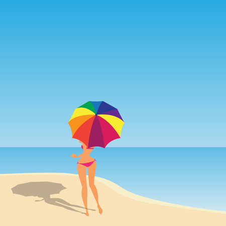 Vector illustration of women with umbrella on the beachのイラスト素材