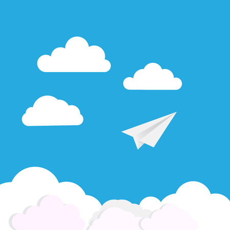 Illustration of paper plane over clouds.のイラスト素材