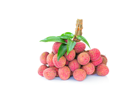Bunch of lychees with leaves on white backgroundの写真素材