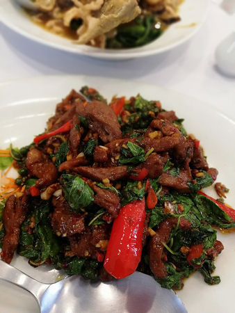 Spicy Stir fried duck with Basil menu from duck of Thai foodの写真素材