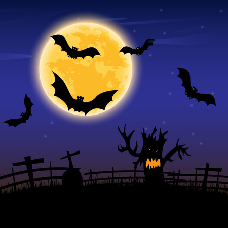 Halloween night with dark tree of hands shape on full moon., Vector illustrationのイラスト素材