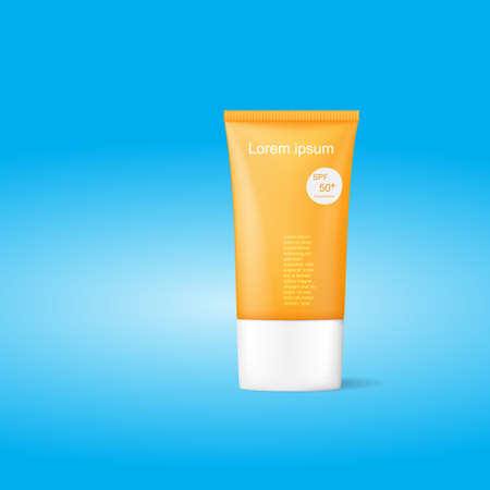 Sun screen tube mockup for cosmetics with cap.,  Front view., Vector illustration