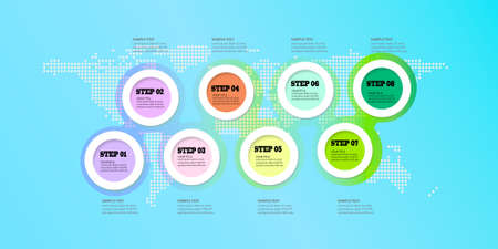 Business infographic with 8 element on dotted world map., vector illustrationのイラスト素材