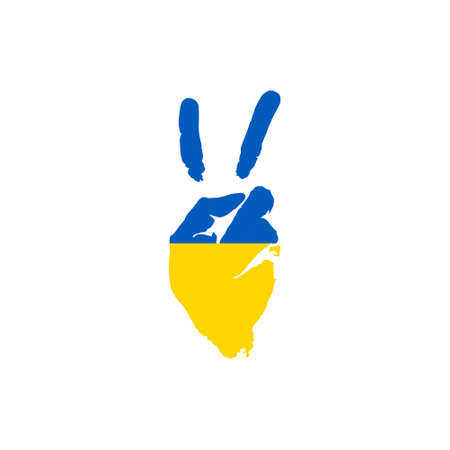 Hand with two finger up gesture in colored ukraine  national flag as symbol of winning, victorious, excellent fighting of countryのイラスト素材