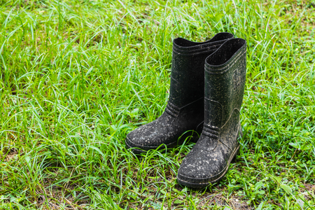 Black boots on green grassの写真素材