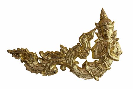Gold angel carving on white isolateの写真素材