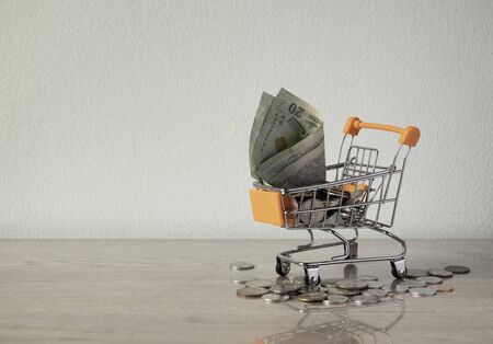Note bank and coin in the cart for shopping.の写真素材