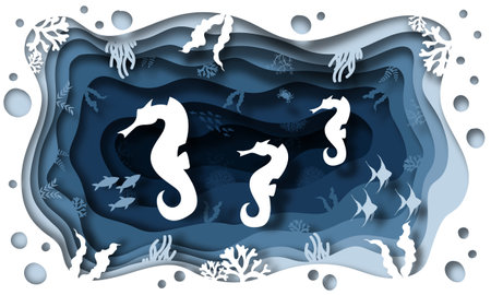 Paper cut seahorses in the sea. Paper art style. Vector illustration.のイラスト素材