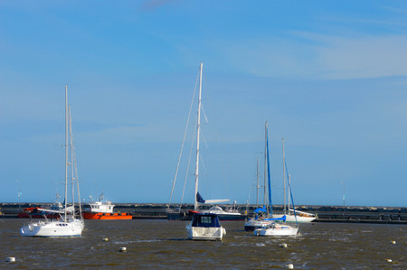 Barcos ancorados em porto em Punta del Esteのeditorial素材