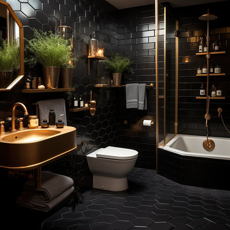 Bathroom with black tile walls, black bathtub, sink and toilet.の素材
