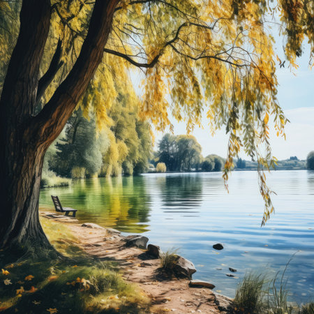 Beautiful autumn landscape with lake and willow tree in the parkの素材