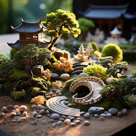 Miniature of japanese garden with wooden house and tree.の素材