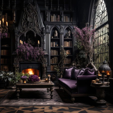 Luxury living room interior with fireplace, armchair and bookcase.の素材