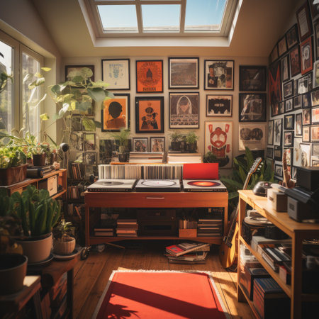 Interior of a living room with a large window and a bookcaseの素材
