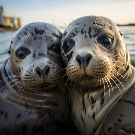 Two seals lying on the sand and looking at the camera in the sunの素材