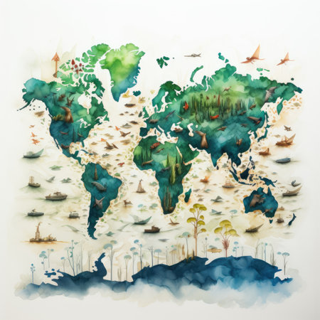 Watercolor world map with trees and birds in the backgroundの素材