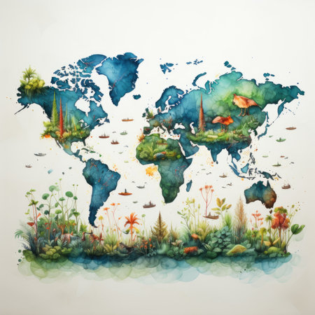 Watercolor map of the world with grass and flowers on white backgroundの素材