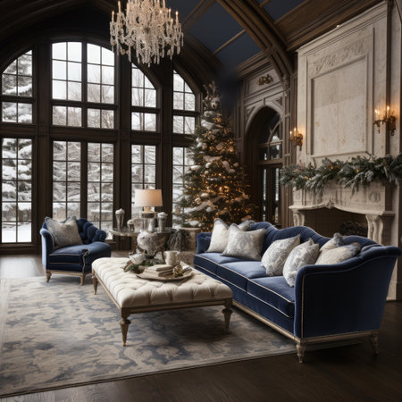 Luxury living room with Christmas tree and fireplace.の素材