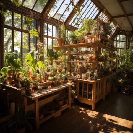 Interior of a green house with flowers and plants in pots.の素材