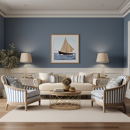 interior of classic living room with blue wall,の素材