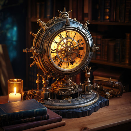 Antique clock, books and candles in the dark. Retro style.の素材