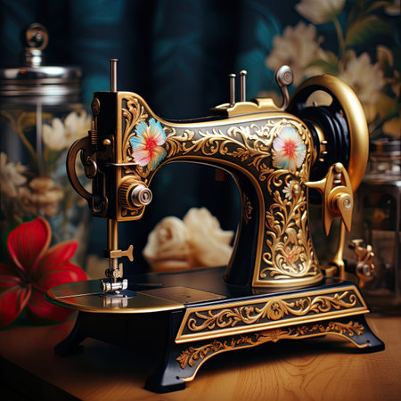 Vintage sewing machine on a wooden table with flowers. Vintage style.の素材