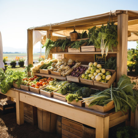 Organic vegetables on display at a farmers market. Fresh produce on display.の素材