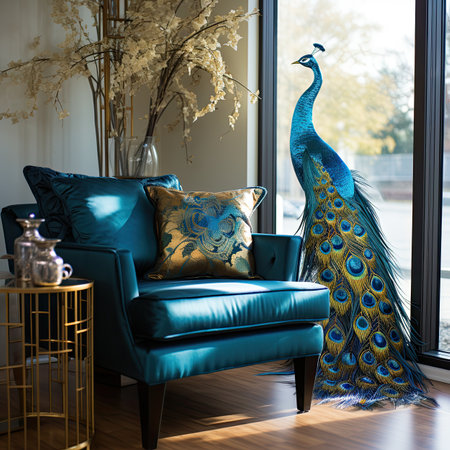 Beautiful peacock on a blue sofa in the living room.の素材