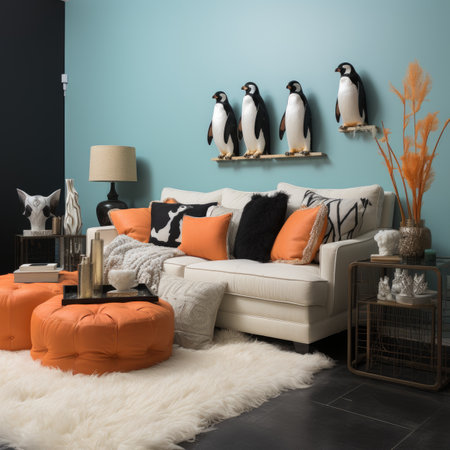 Modern living room interior design with sofa, armchair, lamp, coffee table and pouf.の素材