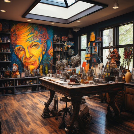 the interior of a coffee shop with a lot of itemsの素材