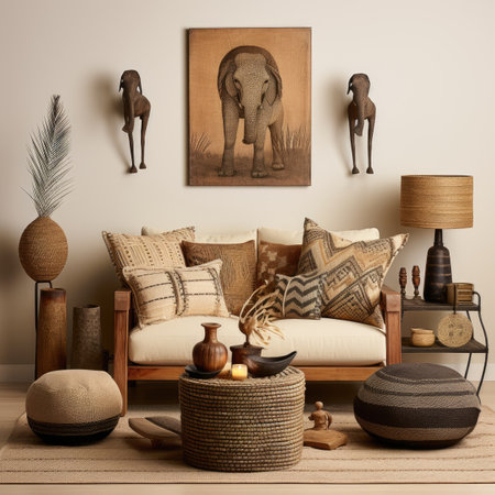 Interior of living room with brown sofa, rattan pillows, pouf, table lamp, rattan coffee table,の素材