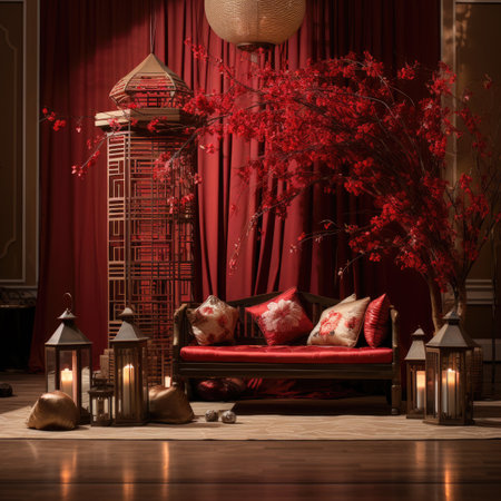 Interior of the living room with red curtains and a sofaの素材