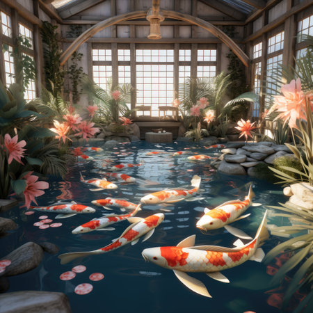 Koi fish swimming in the pond.の素材