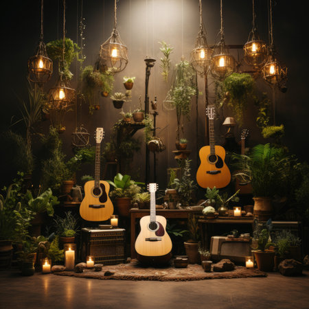 Guitar in the room with green plants and decorative lighting.の素材