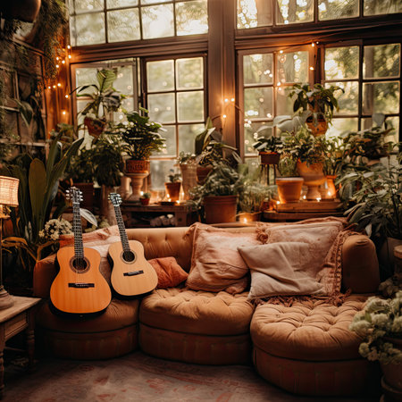 Interior of a cozy living room with a sofa and a guitarの素材