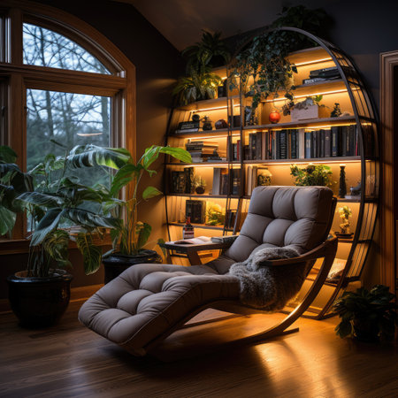 Comfortable armchair in the living room with bookshelf and plantsの素材