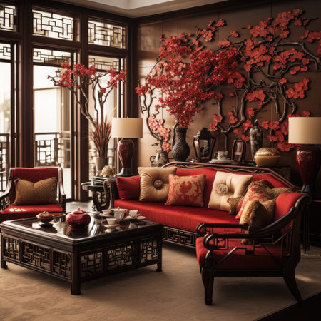 Luxury living room interior design with a red sofa, armchair, coffee table and decorative flowersの素材