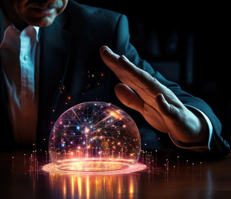 Close up of businessman hands holding globe with glowing lines on dark backgroundの素材