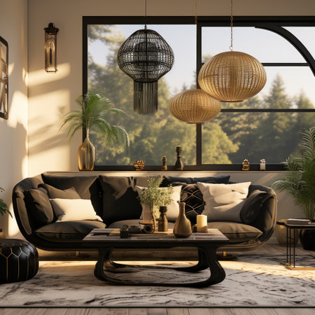 Interior of modern living room with black sofa, coffee table, potted plants and panoramic window.の素材