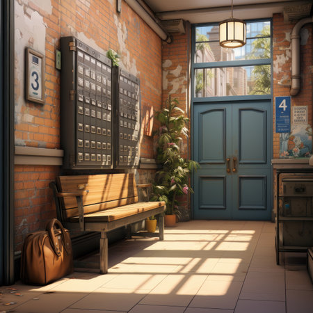an old street cafe with a bench and a chairの素材