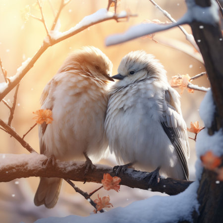 Couple of pigeons sitting on a branch in the winter forestの素材