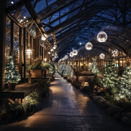 Illuminated garden with christmas trees and garlands at nightの素材