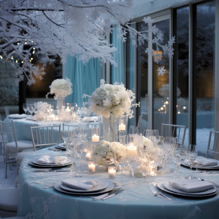 Wedding table decoration with white flowers and candles in winter.の素材