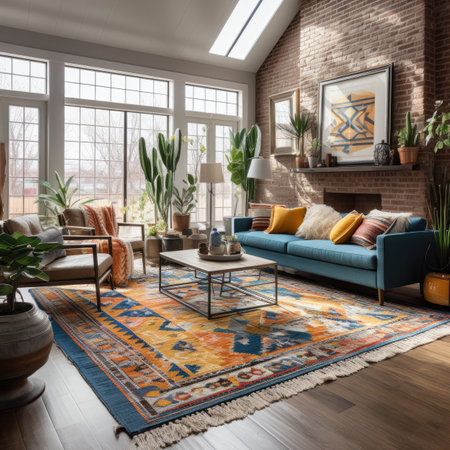 Interior of modern living room with blue sofa, armchair, coffee table and plants.の素材