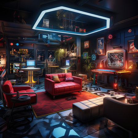 Night club interior with red sofa, coffee table and gaming equipment.の素材