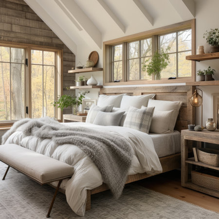 Interior of modern bedroom with wooden bed and pillows.の素材