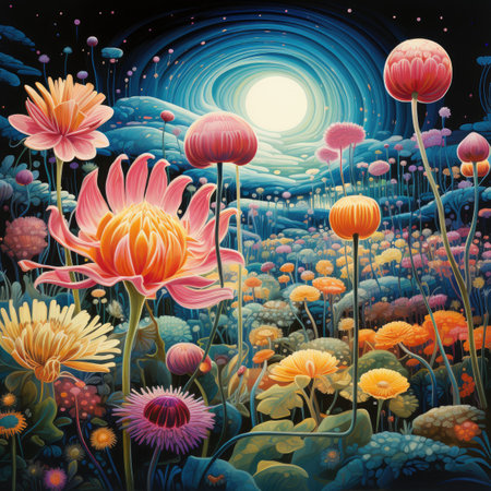 Fantasy landscape with flowers and full moonの素材