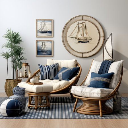 Interior of modern living room with wicker armchairs and armchairs.の素材