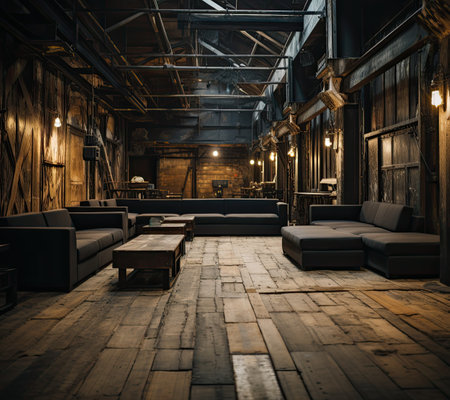 Interior of an old abandoned factory building with sofas and tablesの素材