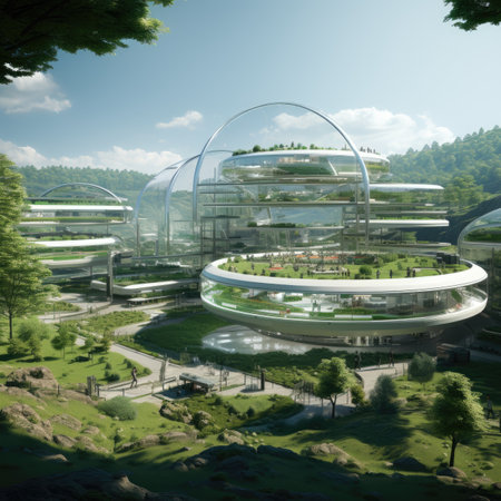 a modern city with glass dome and green treesの素材